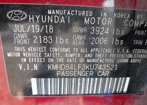 2019 Hyundai Elantra Sel z USA, uszkodzony, nr VIN KMHD84LF3KU743521